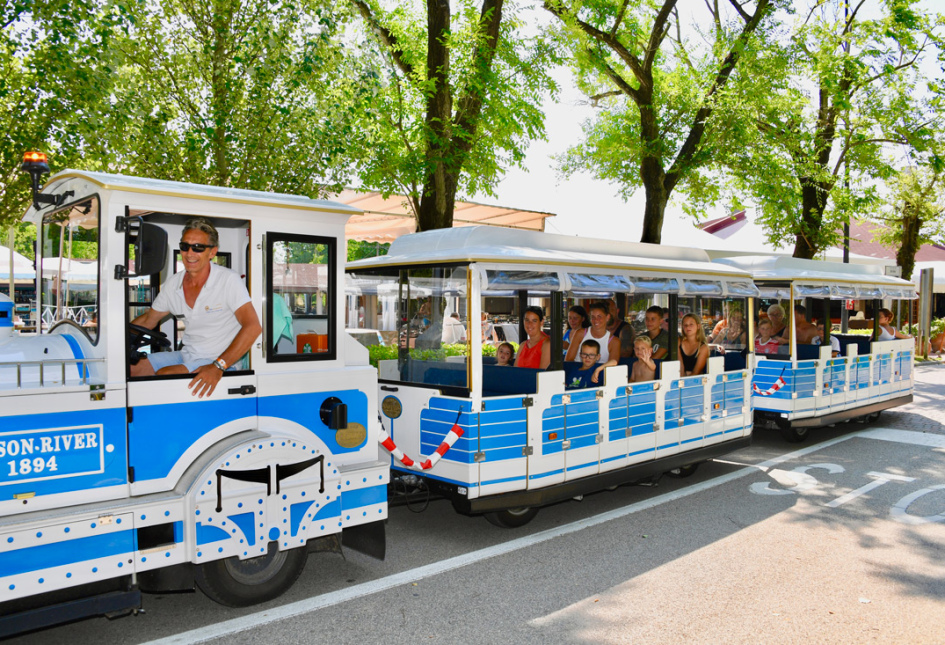 Trenino turistico blu con passeggeri, guidato da un autista sorridente in un parco.